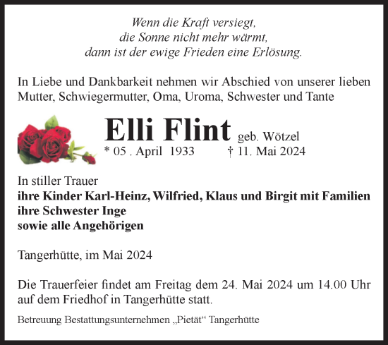Traueranzeige von Elli Flint von Volksstimme Altmark Ost
