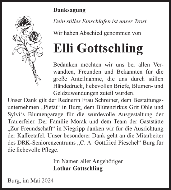 Traueranzeige von Elli Gottschling von Volksstimme Burg/Genthin