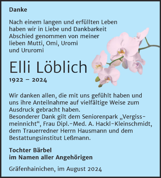 Traueranzeige von Elli Löblich von Trauerkombi Wittenberg