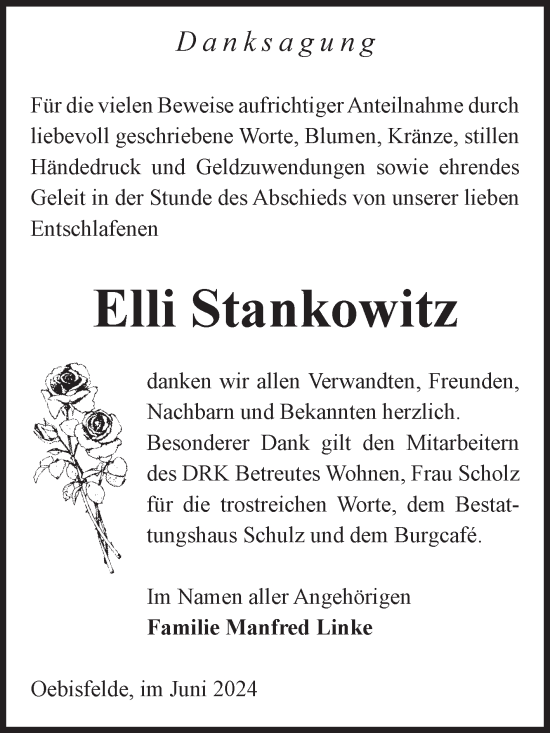 Traueranzeige von Elli Stankowitz von Volksstimme Altmark West