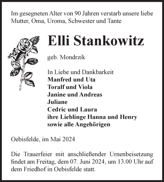 Traueranzeige von Elli Stankowitz von Volksstimme Altmark West