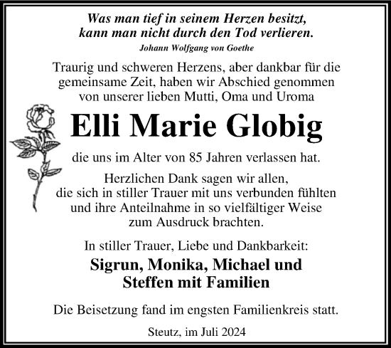 Traueranzeige von Elli Marie Globig von Volksstimme Altmark West