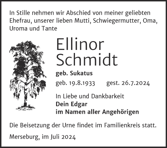 Traueranzeige von Ellinor Schmidt von Trauerkombi Merseburg