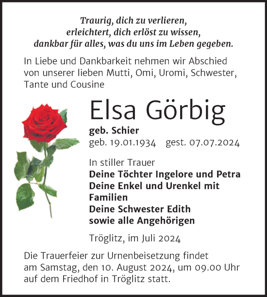 Traueranzeige von Elsa Görbig von Trauerkombi Zeitz