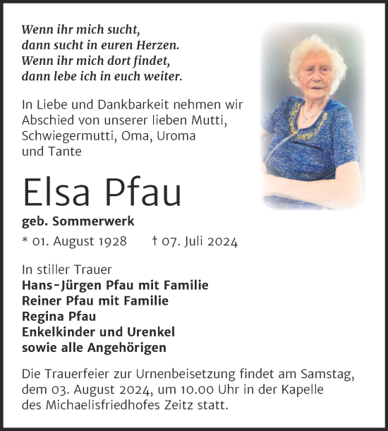 Traueranzeige von Elsa Pfau von Trauerkombi Zeitz