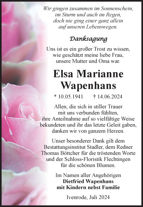 Traueranzeige von Elsa Marianne Wapenhans von Volksstimme Haldensleben/Wolmirstedt