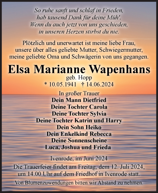 Traueranzeige von Elsa Marianne Wapenhans von Volksstimme Haldensleben/Wolmirstedt