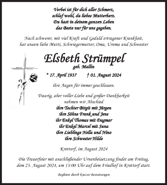 Traueranzeige von Elsbeth Strümpel von Volksstimme Oschersleben/Wanzleben