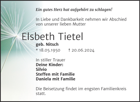 Traueranzeige von Elsbeth Tietel von Trauerkombi Wittenberg
