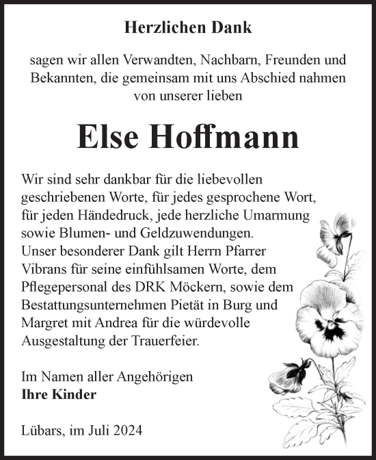 Traueranzeige von Else Hoffmann von Volksstimme Burg/Genthin