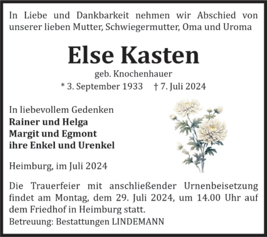 Traueranzeige von Else Kasten von Volksstimme Wernigerode