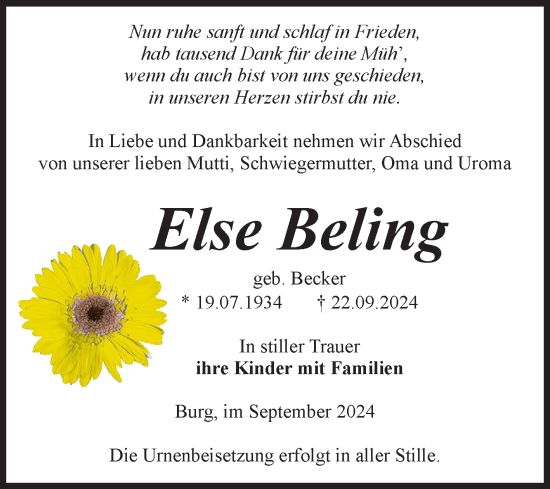 Traueranzeige von Else Reling von Volksstimme Burg/Genthin