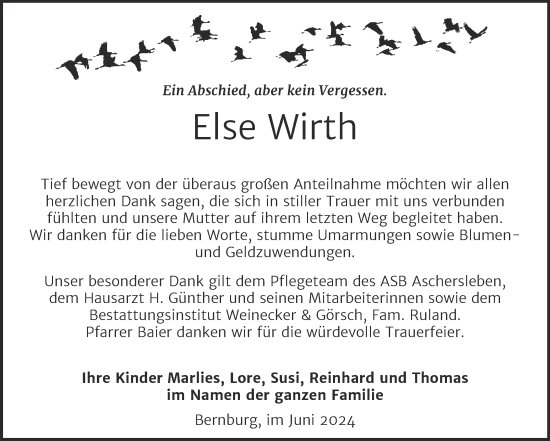 Traueranzeige von Else Wirth von Trauerkombi Aschersleben
