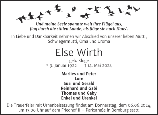 Traueranzeige von Else Wirth von Trauerkombi Bernburg
