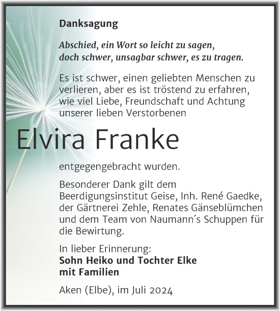Traueranzeige von Elvira Franke von Trauerkombi Köthen
