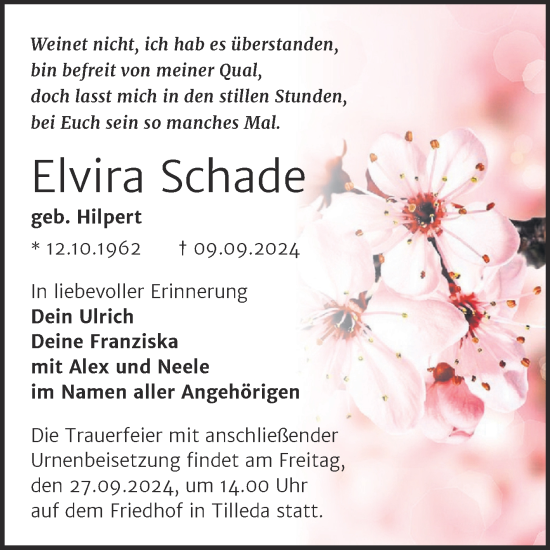 Traueranzeige von Elvira Schade von Trauerkombi Sangerhausen