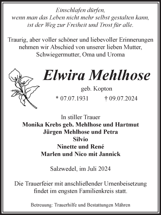 Traueranzeige von Elwira Mehlhose von Volksstimme Altmark West