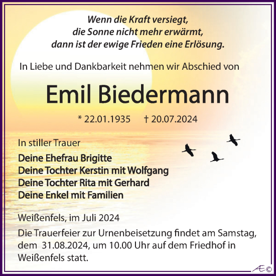 Traueranzeige von Emil Biedermann von Trauerkombi Weißenfels