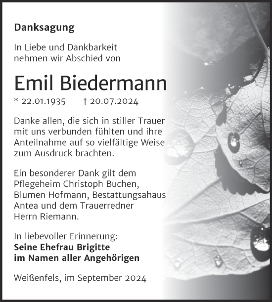 Traueranzeige von Emil Biedermann von Trauerkombi Weißenfels