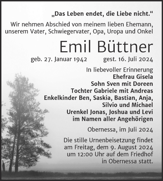 Traueranzeige von Emil Büttner von Trauerkombi Weißenfels