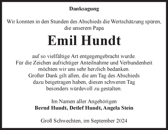 Traueranzeige von Emil Hundt von Volksstimme Altmark Ost