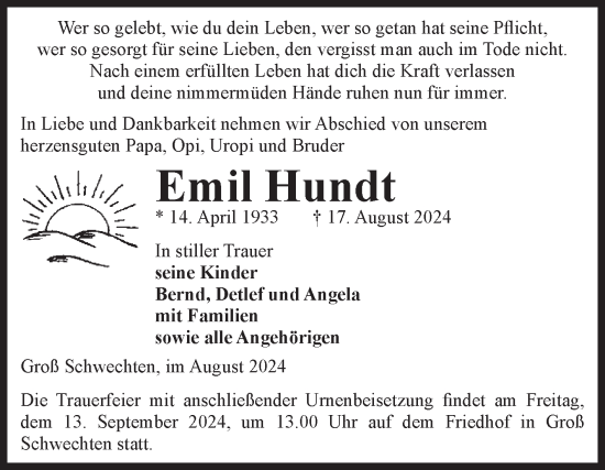 Traueranzeige von Emil Hundt von Volksstimme Altmark Ost