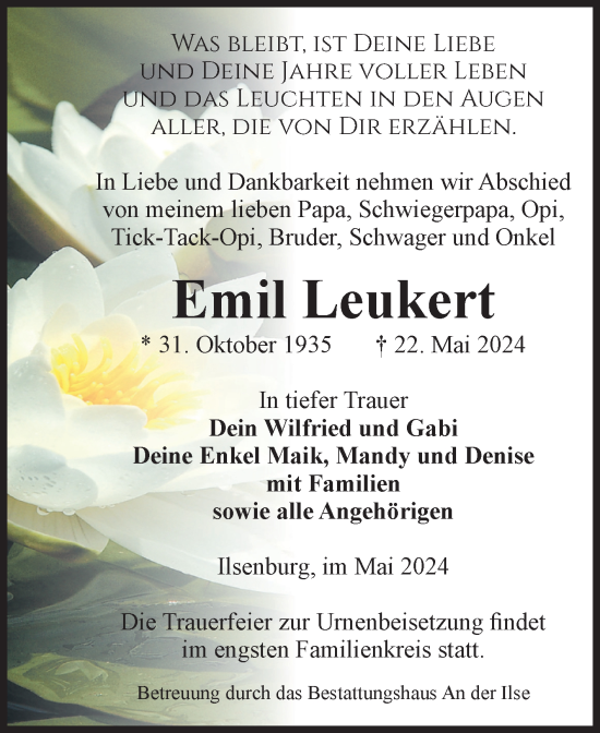 Traueranzeige von Emil Leukert von Volksstimme Wernigerode