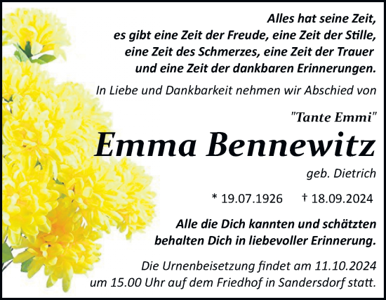 Traueranzeige von Emma Bennewitz von Trauerkombi Bitterfeld
