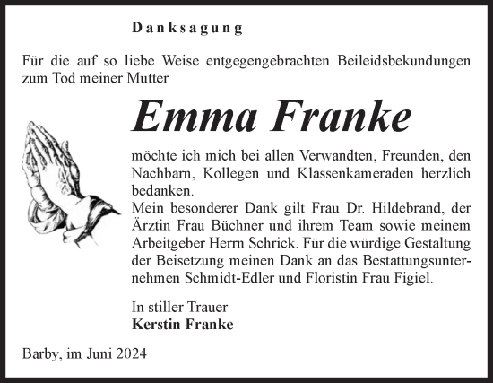 Traueranzeige von Emma Franke von Volksstimme Schönebeck