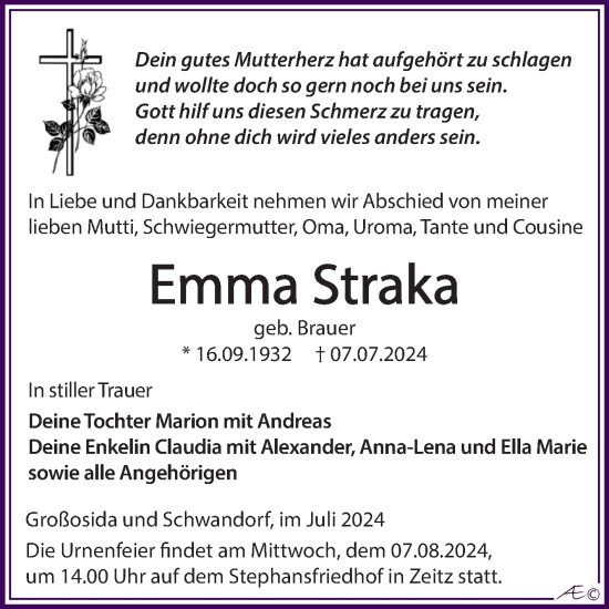 Traueranzeige von Emma Straka von Trauerkombi Zeitz