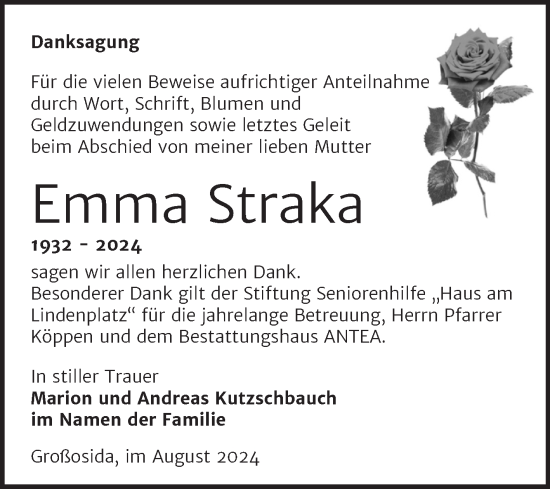 Traueranzeige von Emma Straka von Trauerkombi Zeitz