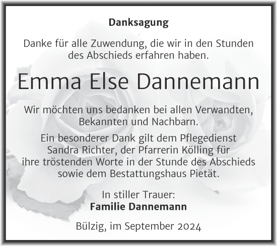 Traueranzeige von Emma Else Dannemann von Trauerkombi Wittenberg