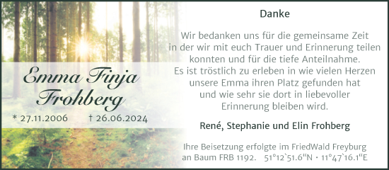 Traueranzeige von Emma Finja Frohberg 