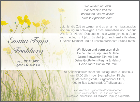 Traueranzeige von Emma Finja Frohberg von Trauerkombi Merseburg