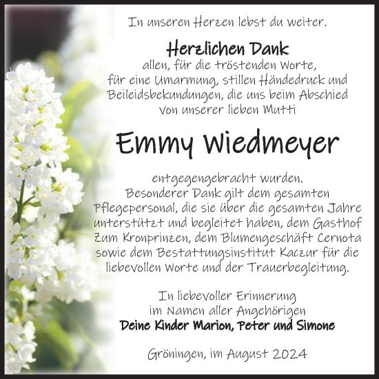 Traueranzeige von Emmy Wiedmeyer von Volksstimme Oschersleben/Wanzleben