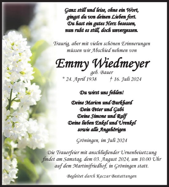 Traueranzeige von Emmy Wiedmeyer von Volksstimme Oschersleben/Wanzleben