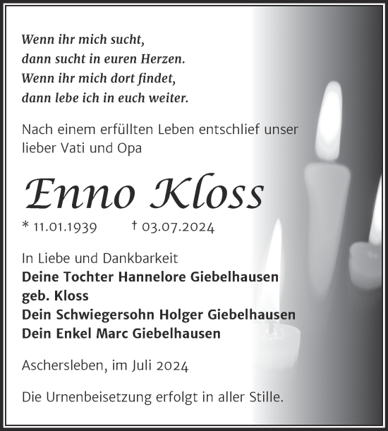 Traueranzeige von Enno Kloss von Trauerkombi Aschersleben