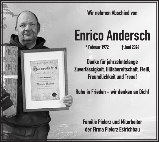 Traueranzeige von Enrico Andersch von Super Sonntag Wittenberg