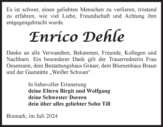 Traueranzeige von Enrico Dehle von Volksstimme Altmark Ost