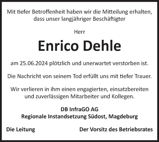 Traueranzeige von Enrico Dehle von Volksstimme Altmark Ost