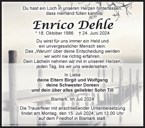 Traueranzeige von Enrico Dehle von Volksstimme Altmark Ost
