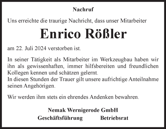 Traueranzeige von Enrico Rößler von Volksstimme Wernigerode
