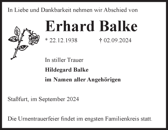 Traueranzeige von Erhard Balke von Volksstimme Staßfurt