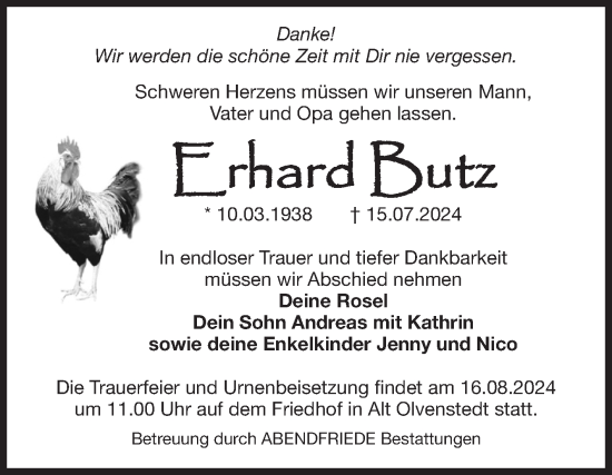 Traueranzeige von Erhard Butz von Volksstimme Magdeburg