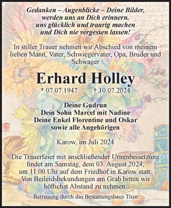 Traueranzeige von Erhard Holley von Volksstimme Burg/Genthin