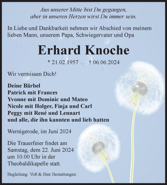 Traueranzeige von Erhard Knoche von Volksstimme Wernigerode