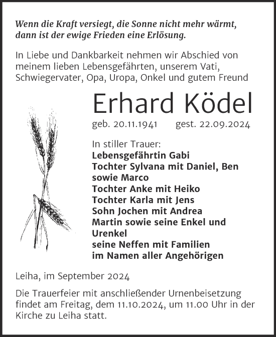 Traueranzeige von Erhard Ködel von Trauerkombi Merseburg