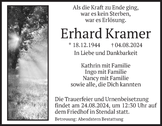 Traueranzeige von Erhard Kramer von Volksstimme Altmark Ost
