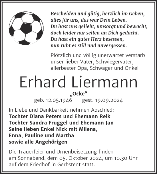 Traueranzeige von Erhard Liermann von Trauerkombi Mansfelder Land