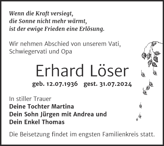 Traueranzeige von Erhard Löser von Super Sonntag Zeitz